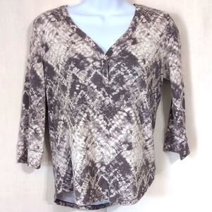 Sonoma Gray Wash Tie-Dye Quarter Button 3/4 Sleeve Tee Size Petite Large